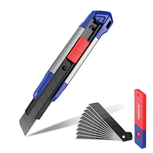 WORKPRO 18mm Retractable Utility Knife, Heavy Duty Snap-off Box Cutter with 10-Piece SK5 Blades for Cartons, Cardboard and Boxes, Perfect for Office and Home Use by WORKPRO - Used condition - US$11.09