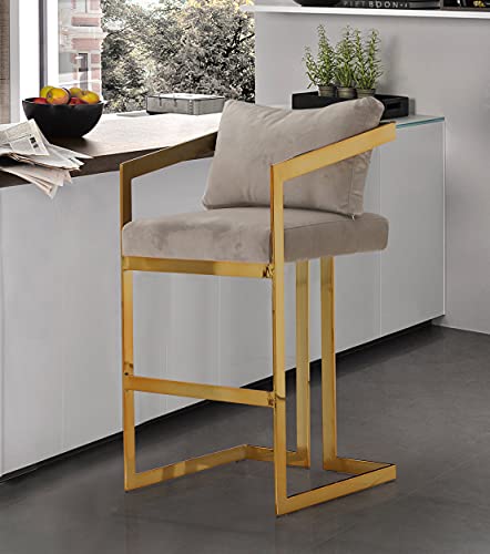 Iconic Home Layla Bar Stool Chair Velvet Upholstered Slope Arm Design Architectural Goldtone Solid Metal Frame Modern Contemporary, Taupe Iconic Home Layla Bar Stool Chair Velvet Upholstered Slope Arm Design Architectural Goldtone Solid Metal Frame Modern Contemporary, Taupe