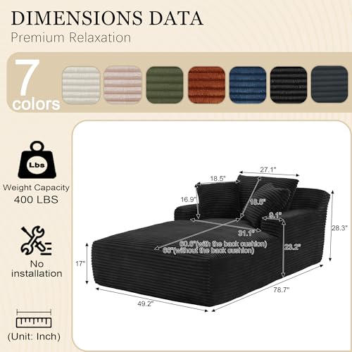 Image of 80 Inch Chaise Lounge Chair Indoor, Oversized Corduroy Upholstered Boneless Sofa Bed, Deep Seat Sleeper Couch Reading Chairs, Cloud Sofas Couches for Living Room, No Assembly Required (Black)