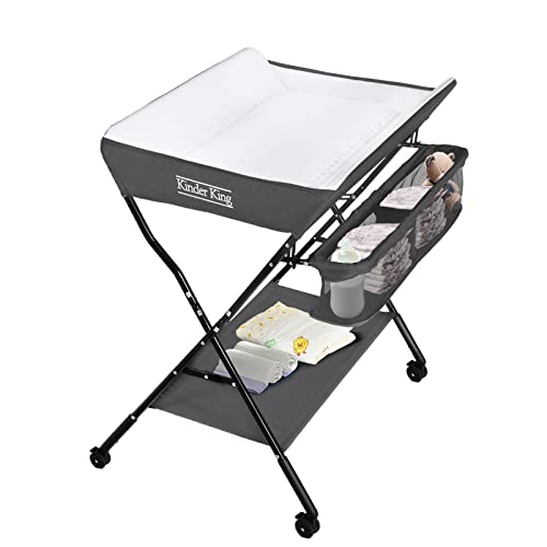 Image of Kinder King Portable Baby Changing Table w/Wheels, Adjustable Height Folding Infant Diaper Station, Mobile Newborn Nursery Organizer, Large Storage Rack, Grey