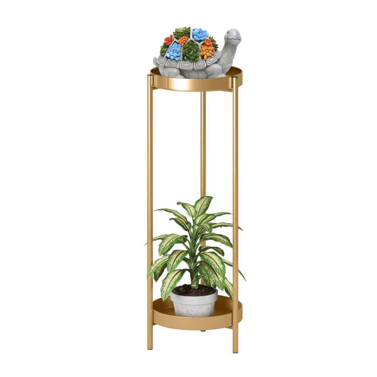 Metal Gold Tall Plant Stand Indoor or Outdoor - 30 inch 2 Tier Pedestal Plant Table, Modern Corner Flower Pots Rack Shelves with 2 Removable Display Shelves (10 inch) for Kitchen Living Room Balcony.