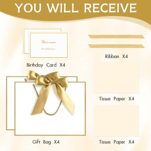 Image of JMANNI Gift Bags with Handles, 13 inch Medium Gift Bag for Presents, 4 Pcs Bags with 8 Tissue Paper and 4 Cards for Graduation Baby Shower Wedding Fathers Day Mother's Day Birthday Party(white gold)