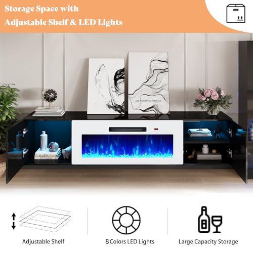 Image of AMERLIFE Floating Fireplace TV Stand, Wall Mounted Mirrored Entertainment Center with 40 inch Electric Fireplace, Modern LED Lights Media Console for TVs Up to 90 inch, Black /White