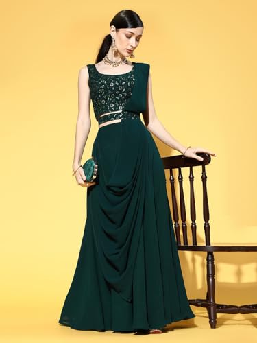 Image of TRENDMALLS Women's Chikankari Sequins Work Embroidery Georgette Lehenga Choli with Dupatta For Women-L246-DarkGreen(Bridal-Latest-Wedding-Festive-Lehenga-Free size)