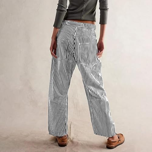 Franhais Womens Y2k Striped Barrel Jeans High Waist Wide Leg Drawsrting Denim Pants Casual Vintage Patchwork Boyfriend Jenas4