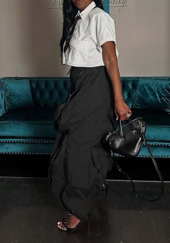 Image of Lucuna Women Balloon Pants Ruffle Fringe Drawstring High Waist Wide Leg Baggy Joggers Parachute Pants