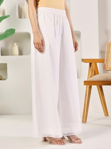 Image of FIORRA Women's White Cotton Solid Palazzo with Lace