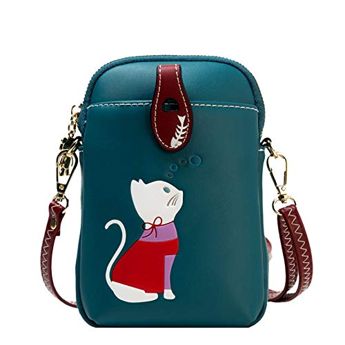SunshinejingSmall Crossbody Phone Bag for Women Leather Cute Cat Cellphone Purse Shoulder Bags PU Wallet (Peacock Blue)