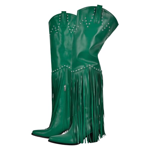 Image of richealnini Western Thigh High Cowboy Boots with Fringe Over Knee Wide Calf Cowgirl Boots