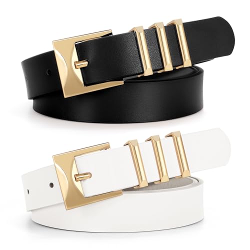 SUOSDEY 2 Pack Women Faux Leather Belts for Jeans Dresses Pants Fashion Ladies Waist Belt with Gold Buckle 0.9