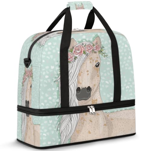 Flower Horse Foldable Travel Duffel Bag, Expandable Sports Gym Bag with Shoes Compartment Weekender Overnight Totes Bags for Women Men