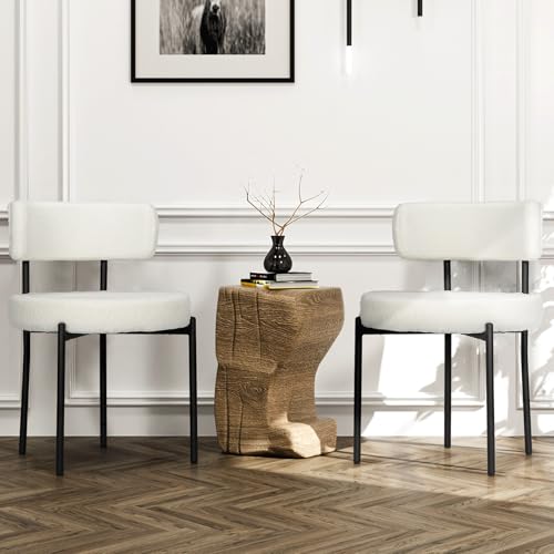 Magshion Boucle Dining Chairs Set of 2 Modern Armless Dining Room Chairs Upholstered Chairs with Curved Backrest & Metal Legs for Living Room Bedroom White