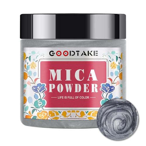 GOODTAKE Light Gray Mica Powder, Natural Cosmetic Grade Mineral Pigment for DIY Crafts, Resin Art, Soap Making, Candle Coloring, Nail Art, and Epoxy Resin Dye - Soft Metallic Finish (Light Grey, 2 oz)