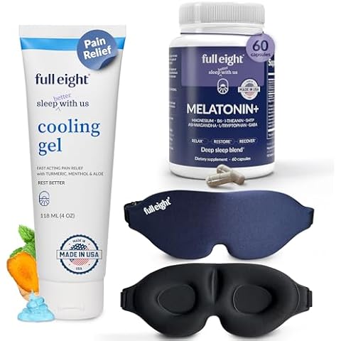 Full Eight Sleep & Recovery: Melatonin+ 10 mg for Deep Sleep 60 Caps, Cooling Gel with Turmeric & Aloe for Soothing Comfort 4 oz & Light Blocking 3D Sleep Mask One Size Fits All Cover