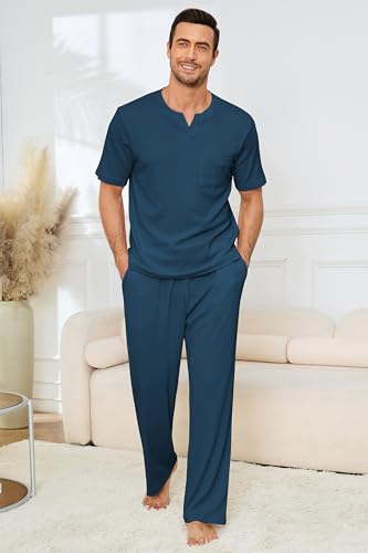 Image of JiniGolla Mens Pajamas Set Soft Short Sleeve Top and Pant Loungewear Sets 2 Piece Pjs with Pockets
