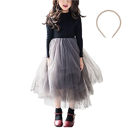 Girls Tutu Dress Long Sleeve Stretchy Knit Tulle Dress with Pearl Hairband for Party Casual
