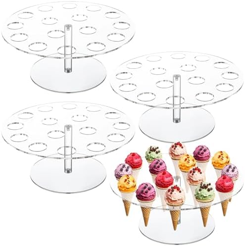 Zhehao 4 Pcs Ice Cream Cone Holder Stand Bulk 16 Holes Clear Acrylic Food Stand Food Cone Display for Birthday Party Wedding Baby Shower Decoration Buffet Catering Supplies Restaurant Events