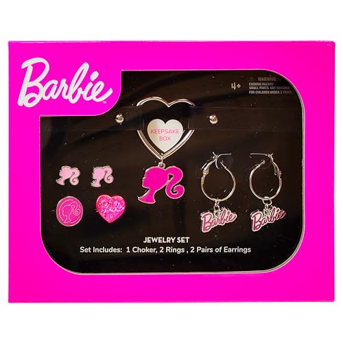 LUV HER Barbie themed 2-Piece Adjustable Ring Set a pair of stud and hoop earrings and a choker for Girls - Barbie Themed Charms Universally Fitting & Stylish Gifts - Ages 4+