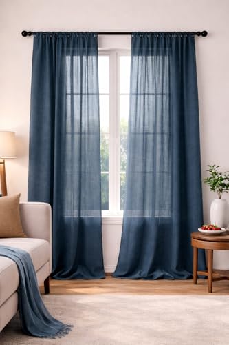 Image of THE LINEN COMPANY Cotton Linen Extra Long Sheer Door Curtains, Breathable Semi Transparent Drapes with Rod Pocket, Soft Light Filtering Privacy Curtain for Home Decor, Navy Blue, 9 Feet, Pack of 2
