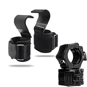 weilaike Complete Olympic Barbell Set – Barbell Clamps(Pairs), Weight Lifting Hooks(Pairs), Non-Slip Locking Bar Collars, Hand Grip Support Wrist Straps, Pull-Up Bar, and Liftups (4 Pcs)