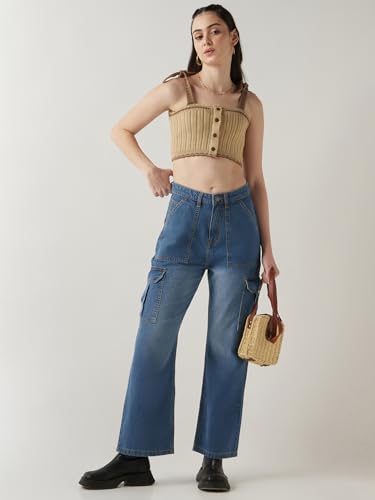 Image of Bewakoof Women's 100% Cotton Wide Leg Jeans | Jeans for Woman Pants for Woman | Classic Denim Pants | Everyday Casual | Utility Streetwear | Lightweight & Flexible | Wide Leg