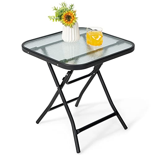 HAPPYGRILL 18 Folding Square Glass Side Table Portable Patio Bistro Coffee Table with Tempered Glass Tabletop Solid Steel Structure Ideal for Poolside Backyard Living Room