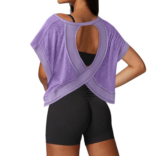 Image of UNIANKIYA Open Back Workout Tops for Women Loose Fit Athletic Crop Tee Short Sleeve Gym Running Yoga Shirt