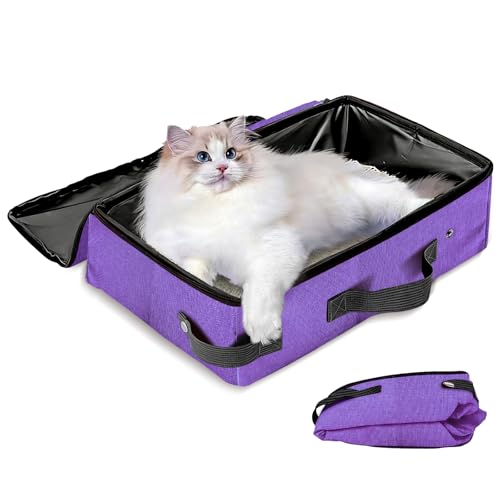 Image of Portable Litter Box for Cats, 16 * 12 * 6 inch Large Size Foldable Travel Litter Box with Lid, Easy to Store and take it Out, Cat Essentials for Long Distance Traveling & Camping - Purple