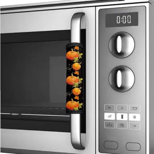 Image of 6 PCS Refrigerator Door Handle Covers Washable Kitchen Appliance Decor Handles Home Decorations Keep Off Fingerprints, Liquids, Dust, Pumpkin Maple Autumn Thanksgiving Decor Black