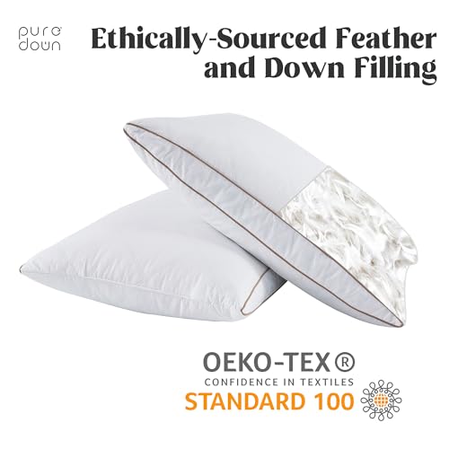puredown® Natural Goose Down Feather Pillows for Sleeping Oval Gusseted Feather Down Pillow 100% Cotton Pillow Cover with Leaf Quilting King Set of 2