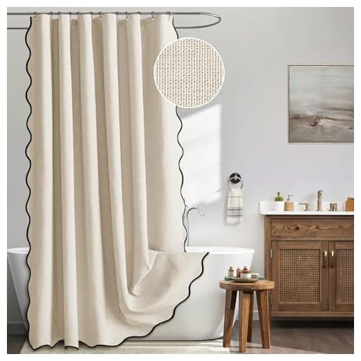 MIULEE Beige Scalloped Shower Curtain Linen Textured with 12 Metal Hooks Cute Heavy Duty Washable Waterproof Neutral Thick Cloth Shower Curtains with Black Border for Bathroom Bathtub,W72*L72 Cream