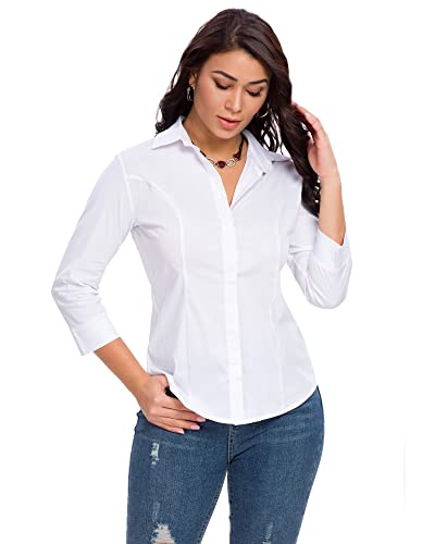 Womens Button Down Shirts Official Formal 3/4 Sleeve White Stretch Blouse Summer Dress Shirt4
