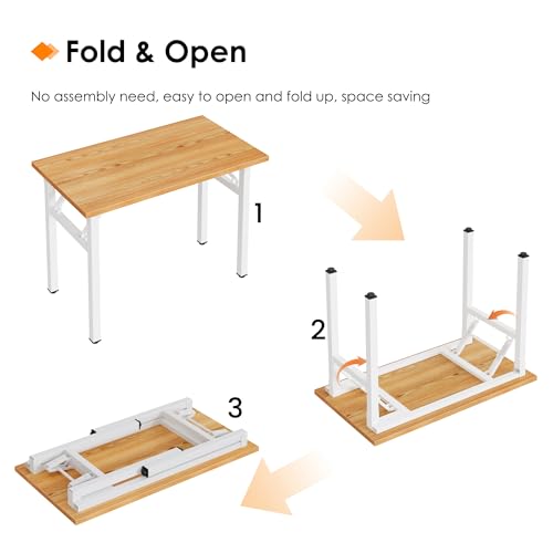 Image of Need 35.8 Inch Folding Desk for Small Spaces, Home Office Computer Desk with Teak Wood Top & White Frame, Foldable Writing Table for Study, Bedroom, Dorm Room & Student