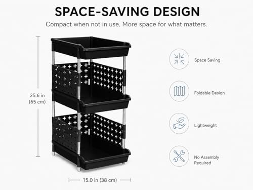Image of KITCHIVO Multipurpose Storage Rack Organizer with Stainless Steel Pipes | Heavy Duty Plastic Shelf Stand for Kitchen, Bathroom, Laundry & Pantry (Black, 3 Layer)
