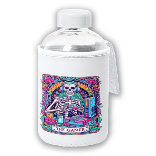 MERCHANDMANIA Bidón cristal con Funda soft shell carta tarot graciosa meme adicto videojuegos gamer tapon seguridad botella