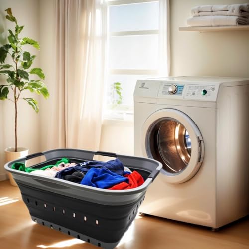 Image of SAMMART 42L Collapsible Plastic Laundry Basket - Foldable Pop Up Storage Container /Organizer - Space Saving Hamper /Basket (1, Grey /Black)