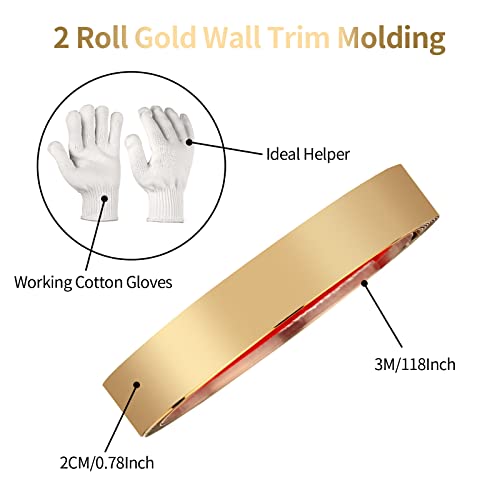 2 Roll Gold Wall Trim Molding Flexible Molding Trim Self Adhesive Gold Stainless Steel Peel And Stick Trim With Working Gloves For Home Decor Office Diy Corner Design 0.8Inch X 9.8 Ft #TOP1