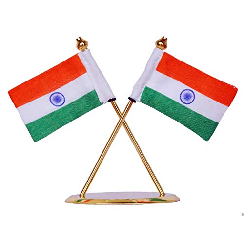Image of ZAHEPA Flag for Car Dashboard, Khadi Fabric decorative Flag with Gold Plated Metal Cross Base, Office Desk Accessory, Tabletop Decoration for Home, Office & Corporate Use, Gift for Professionals