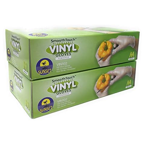 Sunset Brands 200 Disposable Vinyl Gloves, Medium Size, Non-Sterile, Easy Slip On/Off, Smooth Touch, Food Service Grade Cover