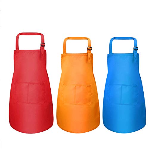 3 Piezas Delantales para Niños, 3 Colores Delantal Infantil Pintura con 2 Bolsillo, Delantal de Cocinero Ajustable para Pintura Artística Actividades en el Aula y Cocina