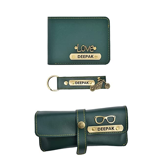 Ahimsa Leather Vegan Leather Customized All in One Men's Combo Gift (3 pcs) Wallets, Key Chain and Eyewear Case - (Green)-image-34