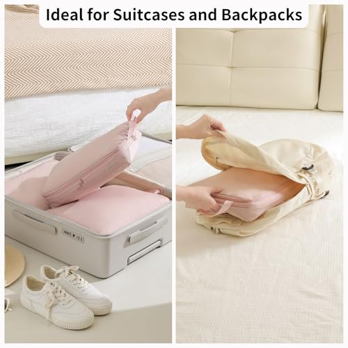 tianzong Upgraded Compression Packing Cubes 2-Pack - 2-Way Full Open, Double Zipper, Space Saving Organizers for Travel (Beige, Large)2