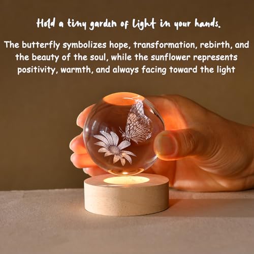 Image of IFOLAINA Butterfly Crystal Ball Gifts Ideas for Girlfriend Wife Mom | 3D Butterfly on Sunflower Gifts for Couple Her Birthday Mothers Day Night Light Decorative Globes Room Decor