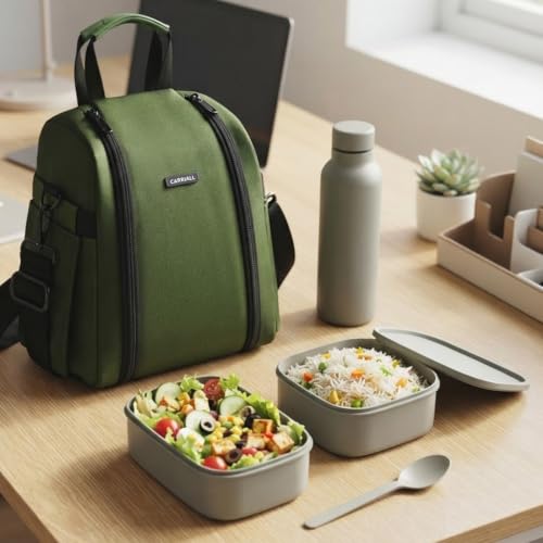 Image of Carriall Lunch Bag for Office | Water-Resistant Tiffin Bag for Office, College, School & Picnic | 8L Reusable Lunch Box Bag for Men, Women (Olive Green)