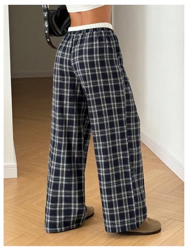 Girl's Plaid Wide Leg Track Pants Elastic Waist Baggy Long Trousers with Pockets3