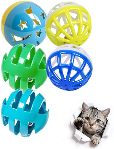 DIYUQISHI 5 Pcs Cat Toy Balls with Bell for Indoor Kitten 3 Styles PP Material Interactive Cat Toys for Kittens and Adult Cats (1.5)