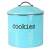 Home Basics Vintage Farmhouse Round Cookie Tin Turquoise Metal Storage Container with Handle and Silver Accents for Kitchen Counter Ideal for Cookies Brownies and Biscotti