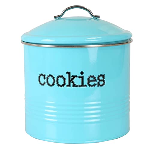 Home-Basics-Vintage-Farmhouse-Round-Cookie-Tin-Turquoise-Metal-Storage-Container-with-Handle-and-Silver-Accents-for-Kitchen-Counter-Ideal-for-Cookies-Brownies-and-Biscotti Home Basics Vintage Farmhouse Round Cookie Tin Turquoise Metal Storage Container with Handle and Silver Accents for Kitchen Counter Ideal for Cookies Brownies and Biscotti