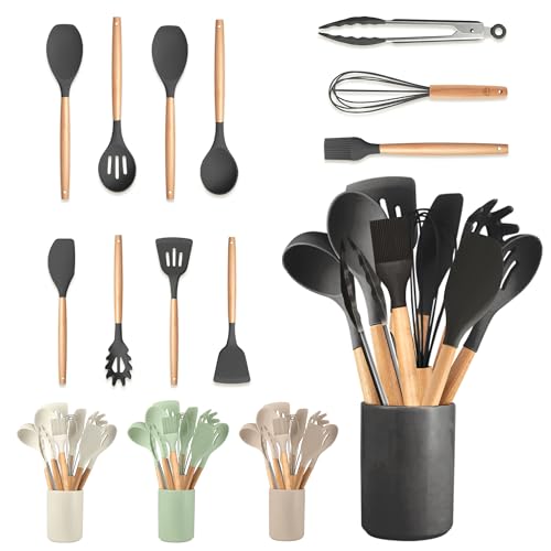 JUPPLIES Juego de Utensilios de Cocina de Silicona 12 Piezas con Mangos de Madera y Soporte Organizador – Set Antiadherente Resistente al Calor – Apto para Todas Las Ollas y Sartenes - Negro