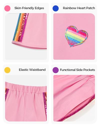 Image of WELAKEN Girls 2 Piece Outfit Kid Toddler Heart & Rainbow Sequin Striped T-shirt and Shorts Clothing Set